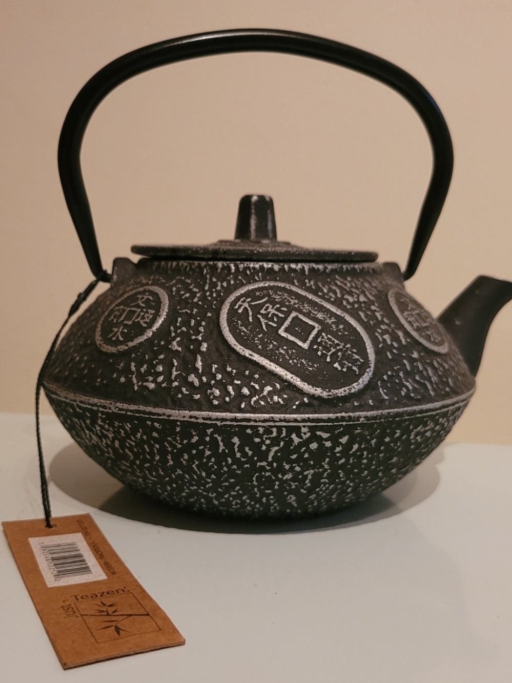 Teazen Cast Iron Teapot with Coin Motif - Black and Silver